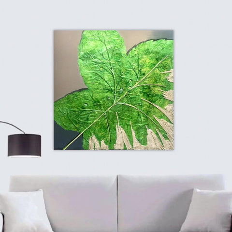 Quadro Materico con Grande Foglia, Dipinto Botanico con Foglia Verde